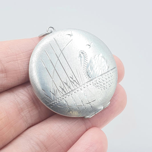Vintage Sterling Silver Swan Locket Round Large Bird Lake Hand Engraved Animal Necklace Jewelry Womens Ladies Jewellery
