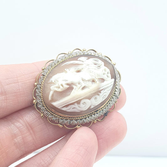 Antique Horse & Chariot Cameo Brooch Gold Gilt Filigree Art Deco Hand Carved Shell Roman Centurion Womens Jewelry Jewellery Vintage