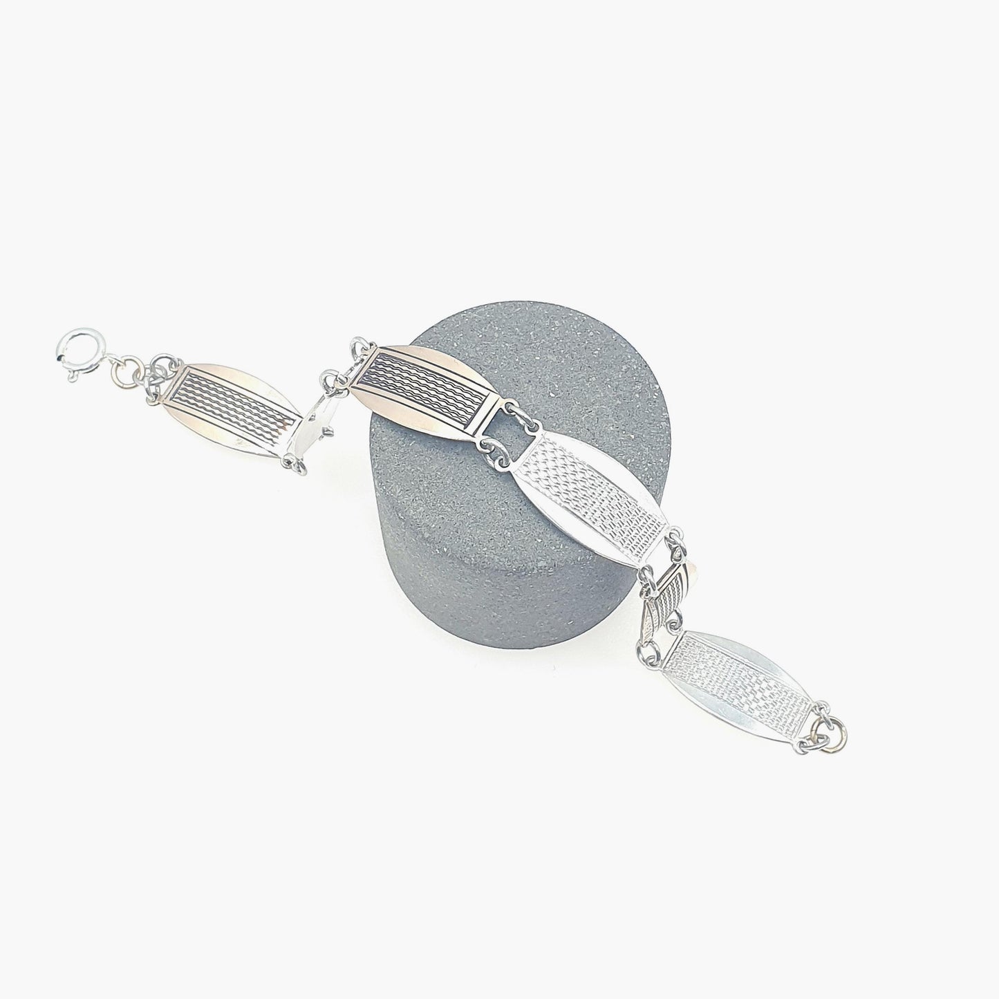 Antique Art Deco Solid Silver & Rolled Gold Bracelet Engine Turned Geometric Pattern Vintage Womens Unisex Jewellery Jewelry
