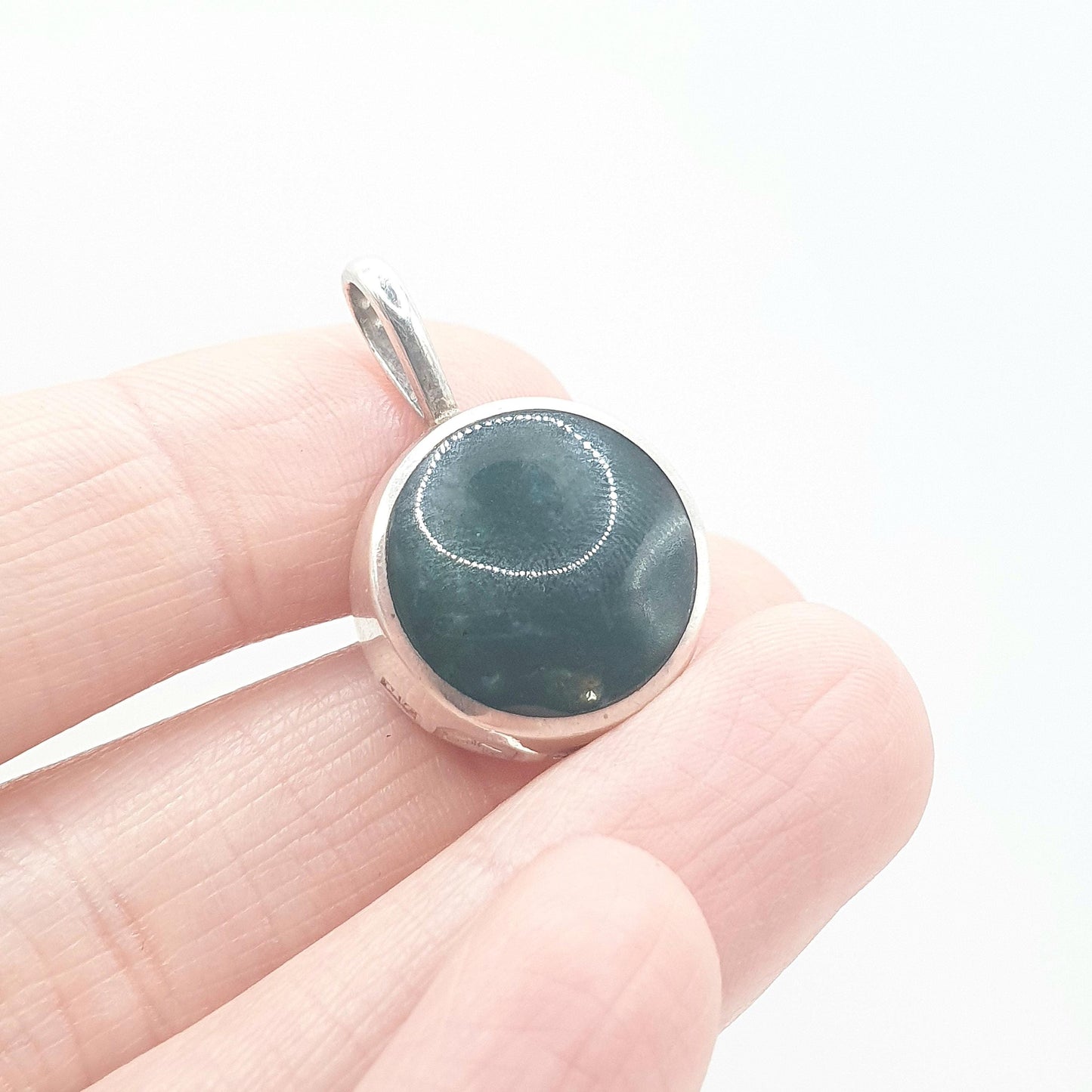 Vintage Sterling Silver Moss Agate Tiger Eye Pendant Necklace Round Fob Style Quartz Gemstones Womens Unisex Jewelry Jewellery