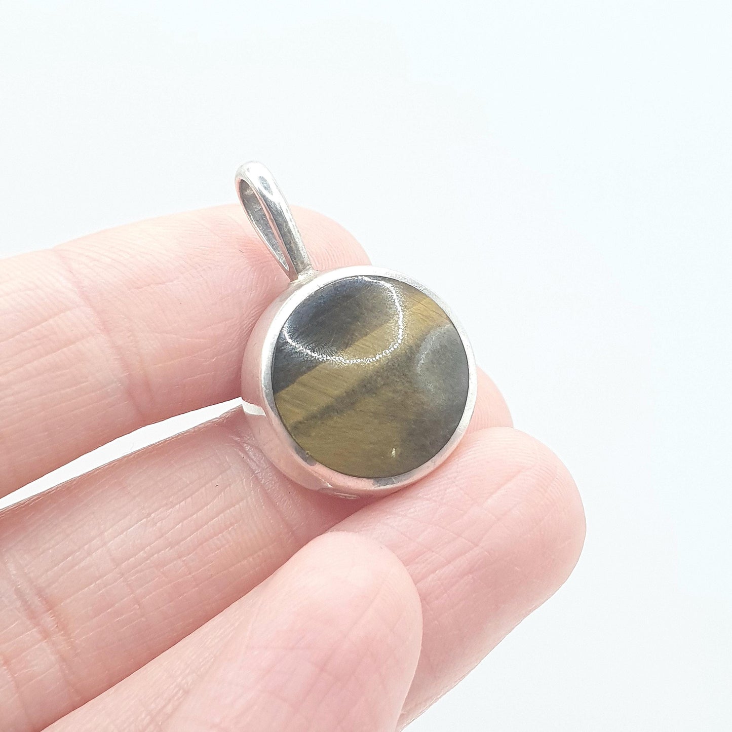 Vintage Sterling Silver Moss Agate Tiger Eye Pendant Necklace Round Fob Style Quartz Gemstones Womens Unisex Jewelry Jewellery