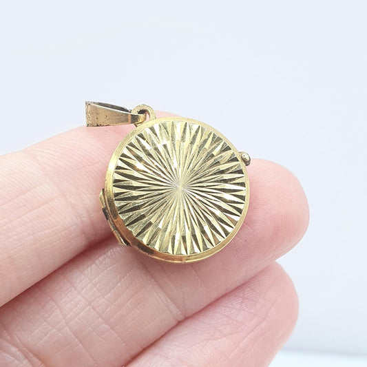 Vintage Rolled Gold Round Locket Gyroscope Sunburst Pattern Gold Filled Gift Photo Keepsake Womens Unisex Jewellery Jewelry