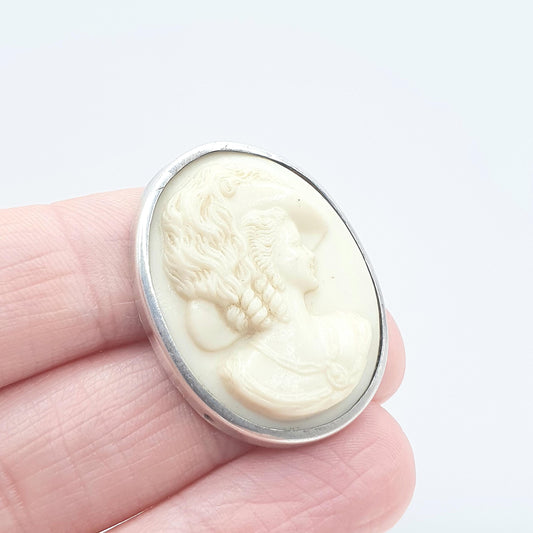 Old Vintage Sterling Silver Faux Cameo Brooch CHARLES HORNER Woman Hat Early Plastic Mould C.H Womens Unisex Jewelry Jewellery