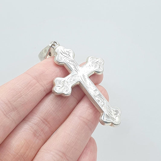 Vintage Sterling Silver Crucifix Cross Pendant Necklace Large Bulbed Engraved Cruciform Christian Womens Mens Unisex Jewelry Jewellery