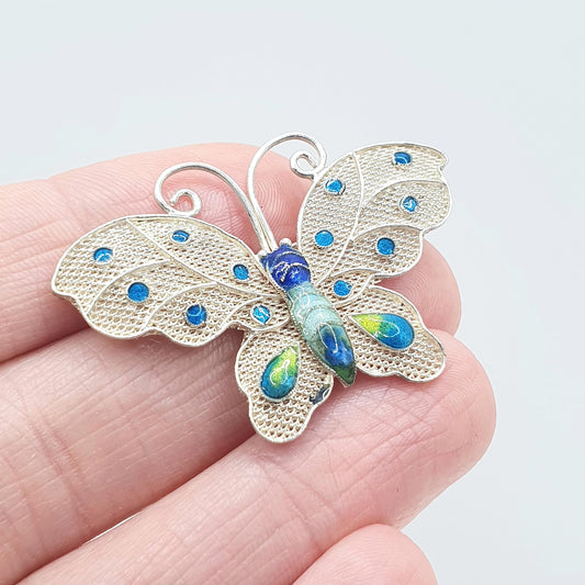 Vintage Solid Silver Enamel Butterfly Brooch Chinese Export Handmade Insect Bug Womens Unisex Jewelry Jewellery