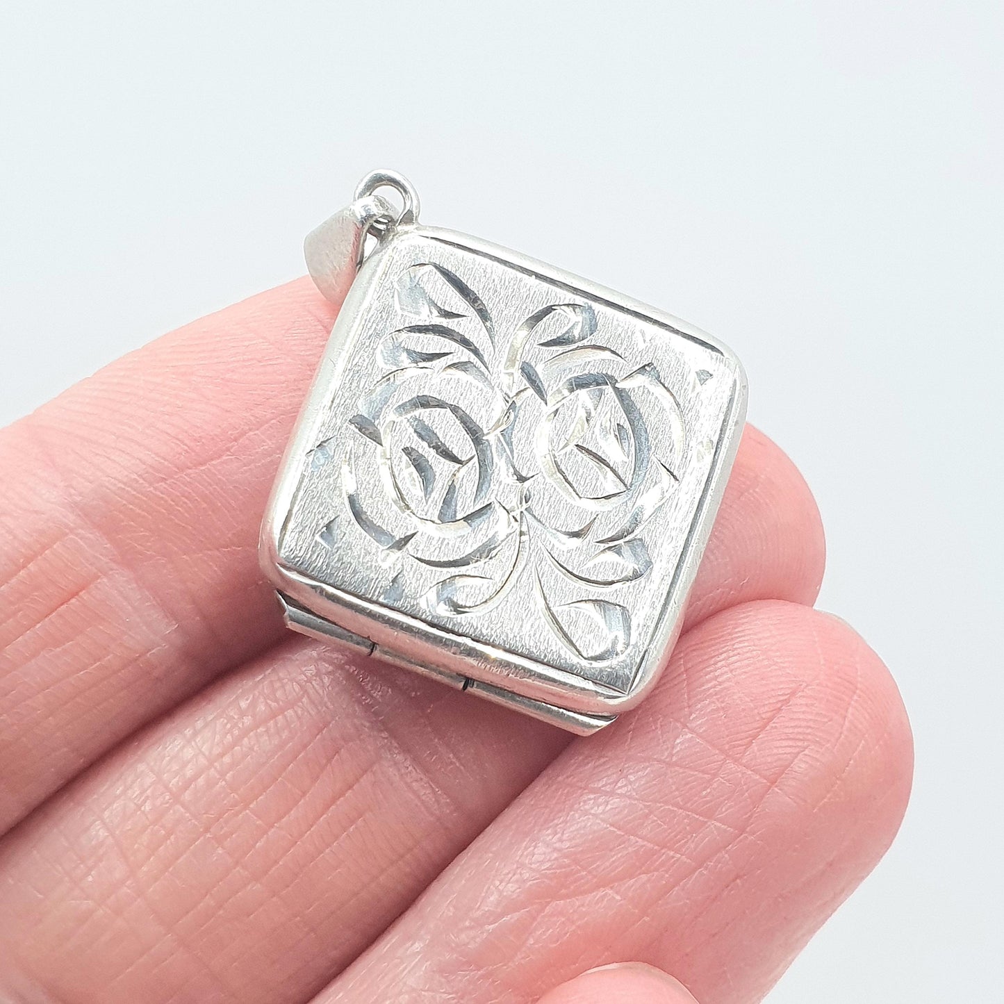 Vintage Sterling Silver Square Locket Necklace Pendant Engraved Picture Photo Keepsake Gift Womens Unisex Jewelry Jewellery
