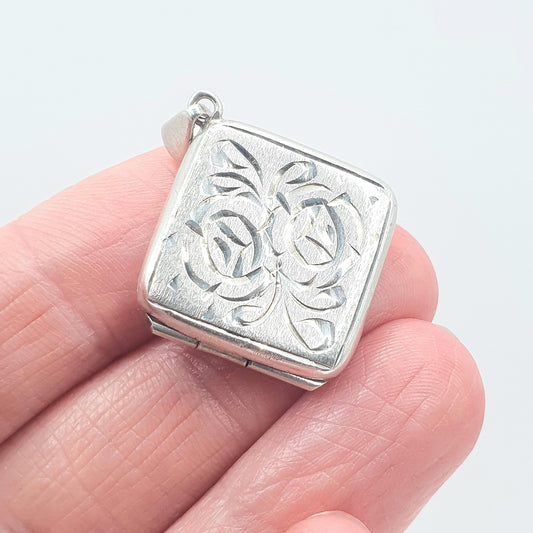 Vintage Sterling Silver Square Locket Necklace Pendant Engraved Picture Photo Keepsake Gift Womens Unisex Jewelry Jewellery