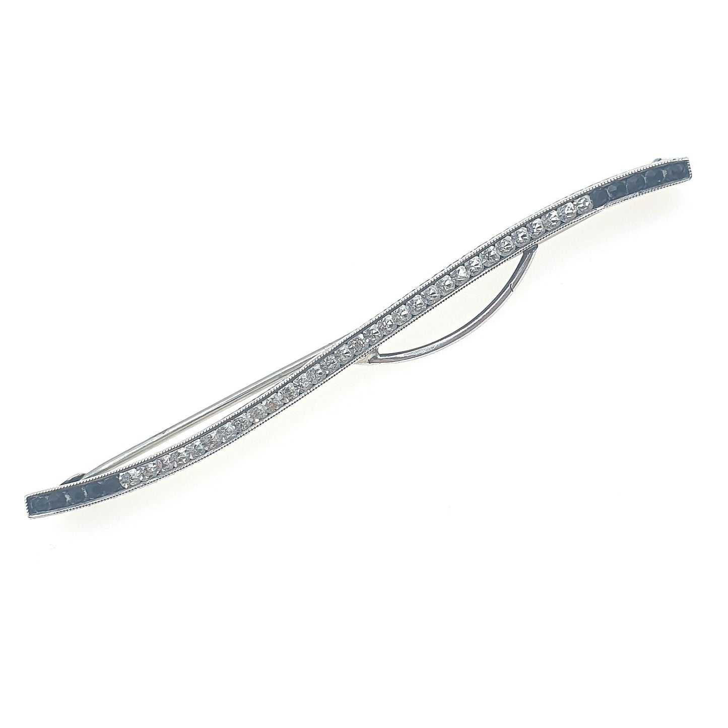 Antique Art Deco Solid Silver Black & White Paste Bar Brooch Wave Diamond Tone Onyx Tone Vintage Womens Jewellery Jewelry