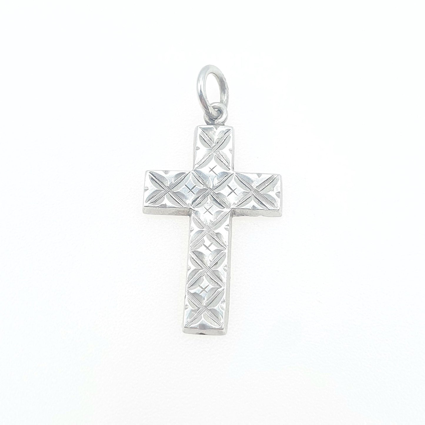 Antique Victorian Sterling Silver Crucifix Charm Pendant Chequered Pattern Small Vintage Jewelry Jewellery Necklace Religious