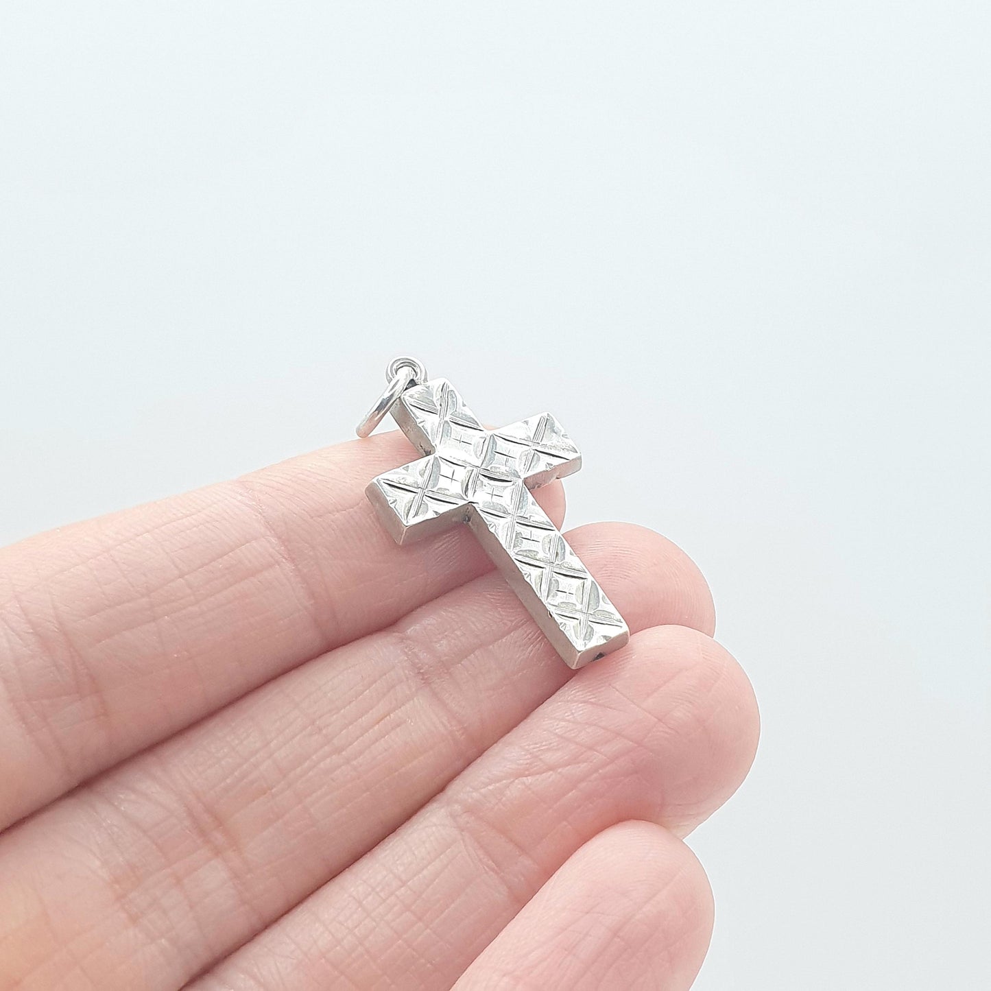 Antique Victorian Sterling Silver Crucifix Charm Pendant Chequered Pattern Small Vintage Jewelry Jewellery Necklace Religious