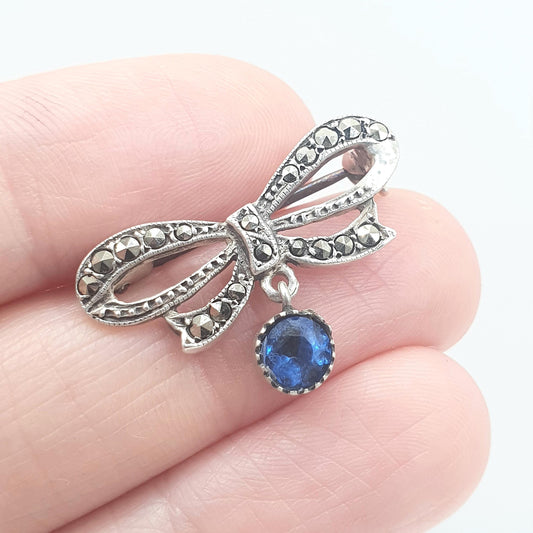 Antique Art Deco Solid Silver Marcasite Bow Brooch Blue Sapphire Paste Drop Flapper Cute Sparkly Vintage Ladies Womens Jewelry Jewwellery