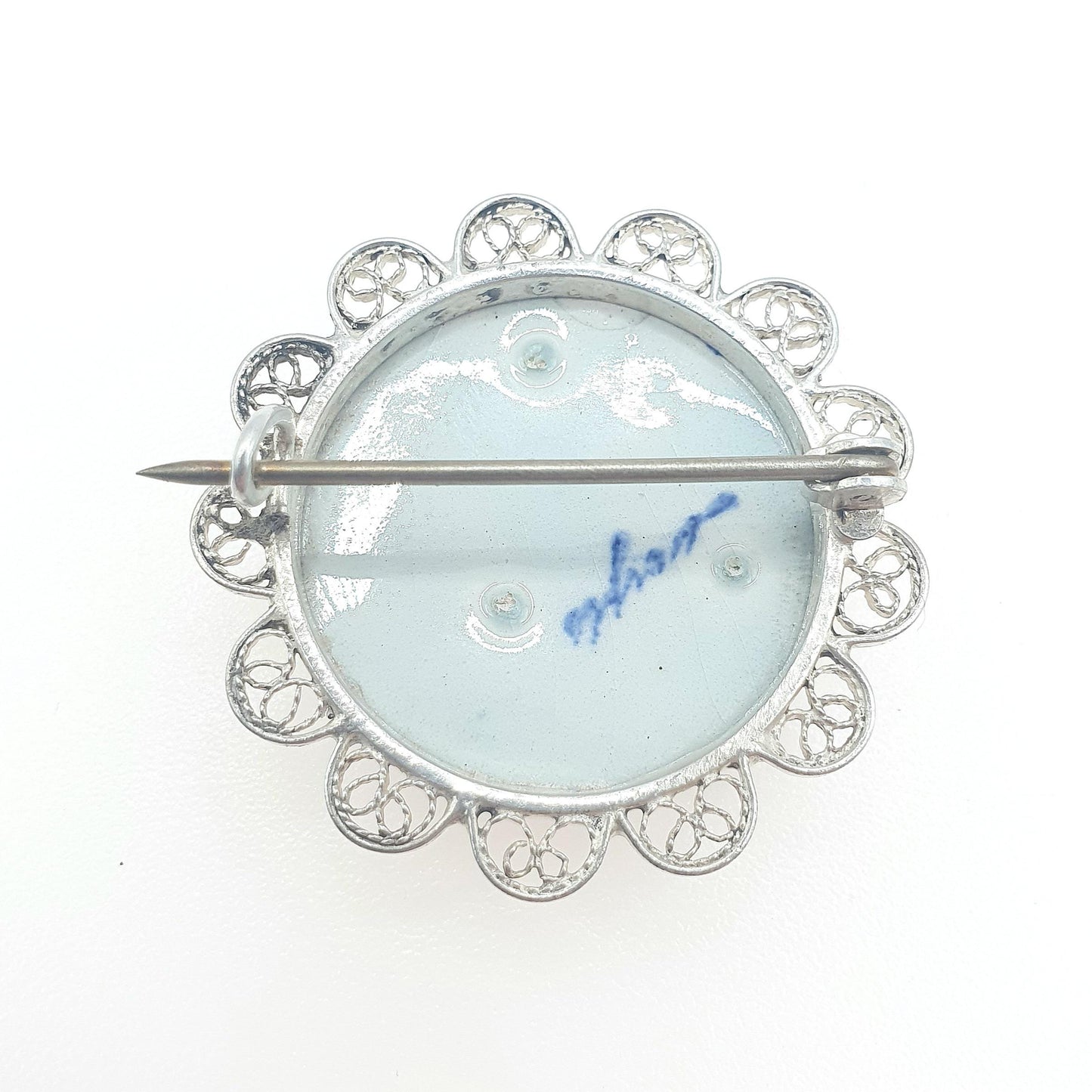 Old Vintage Solid Silver Dutch China Brooch Windmill Filigree Foreign Silver Blue Painted Womens Unisex Jewelry Jewellery