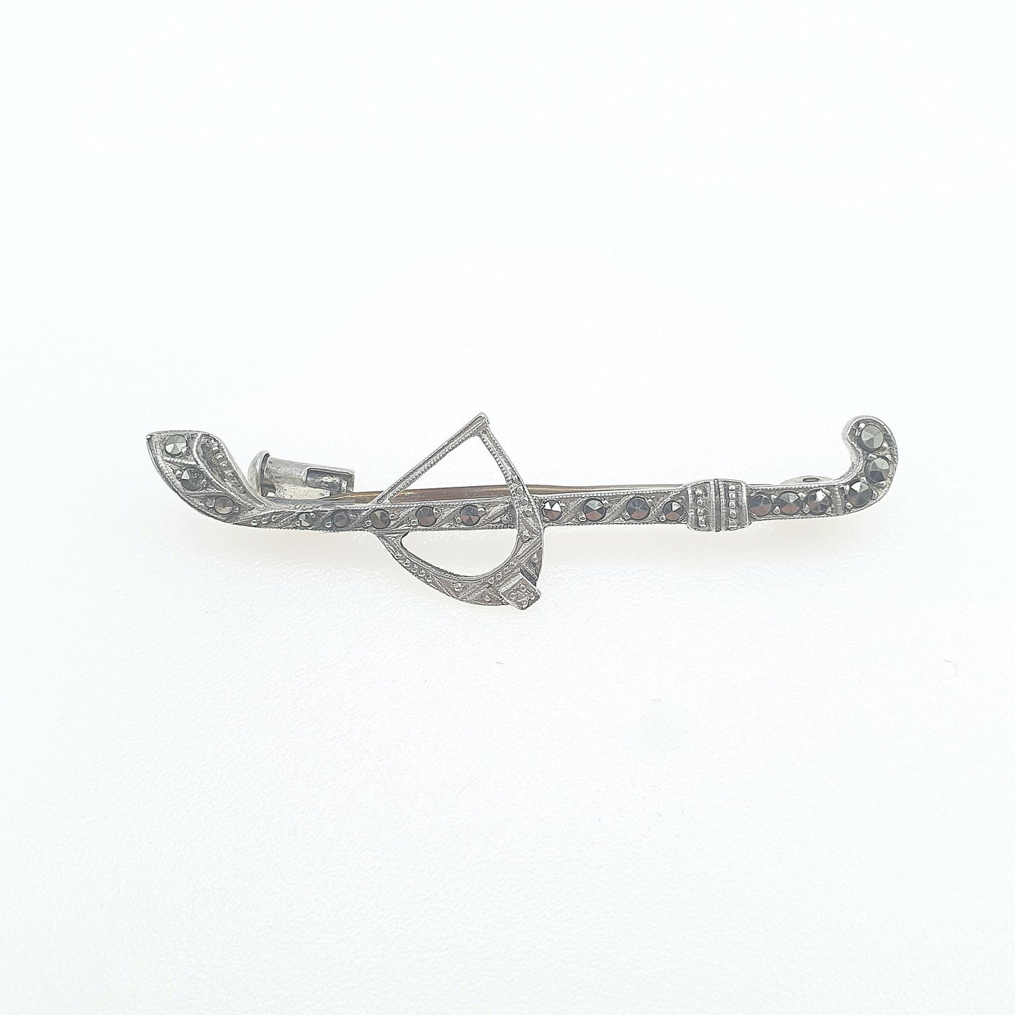 Antique Art Deco Solid Silver Riding Crop & Stirrup Brooch Marcasite Horseriding Equestrian Sport Unisex Womens Jewelry Jewellery