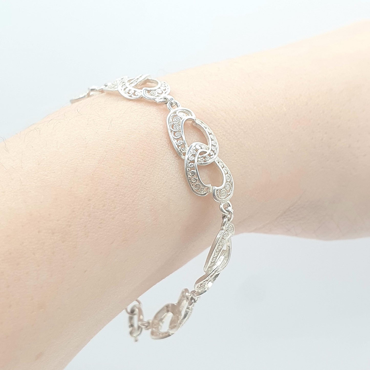Vintage Sterling Silver Filigree Bracelet Figure 8 Links Ladies Gift Infinity 18.5cm 6.59g Womens Jewelry Retro Jewellery