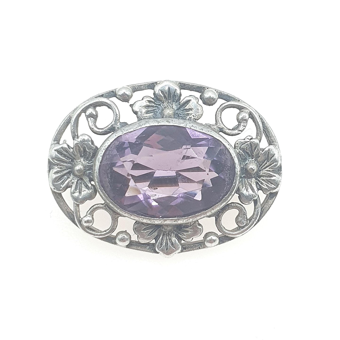 Old Vintage Solid Silver Amethyst Brooch Bernard Instone Style Art Deco Flower Border Purple Gemstone Ladies Womens Jewelry Jewellery
