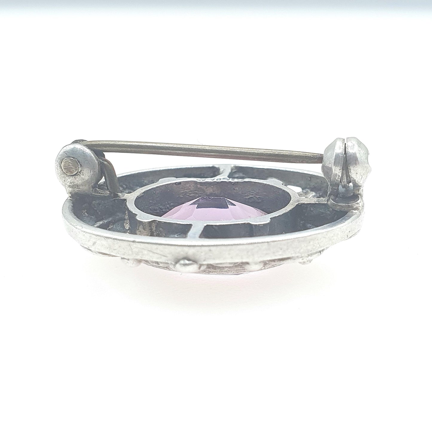 Old Vintage Solid Silver Amethyst Brooch Bernard Instone Style Art Deco Flower Border Purple Gemstone Ladies Womens Jewelry Jewellery