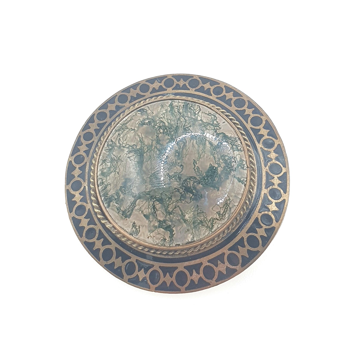 Antique Victorian Moss Agate Black Enamel Brooch Veined Quartz Gemstone Gold Tone Base Metal Veined Ladies Womens Jewelry Jewellery