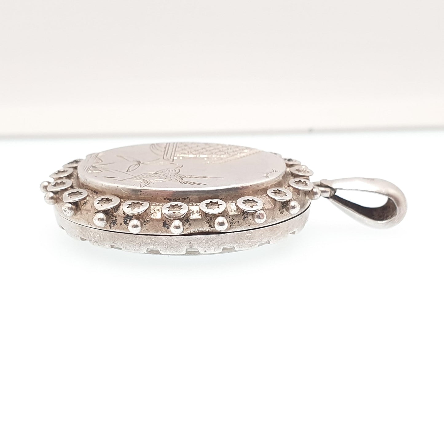 Antique Victorian Sterling Silver Bird Locket Floral Flower Pendant 1880 Hallmark Picture Photo Aesthetic Vintage Jewelry Jewellery