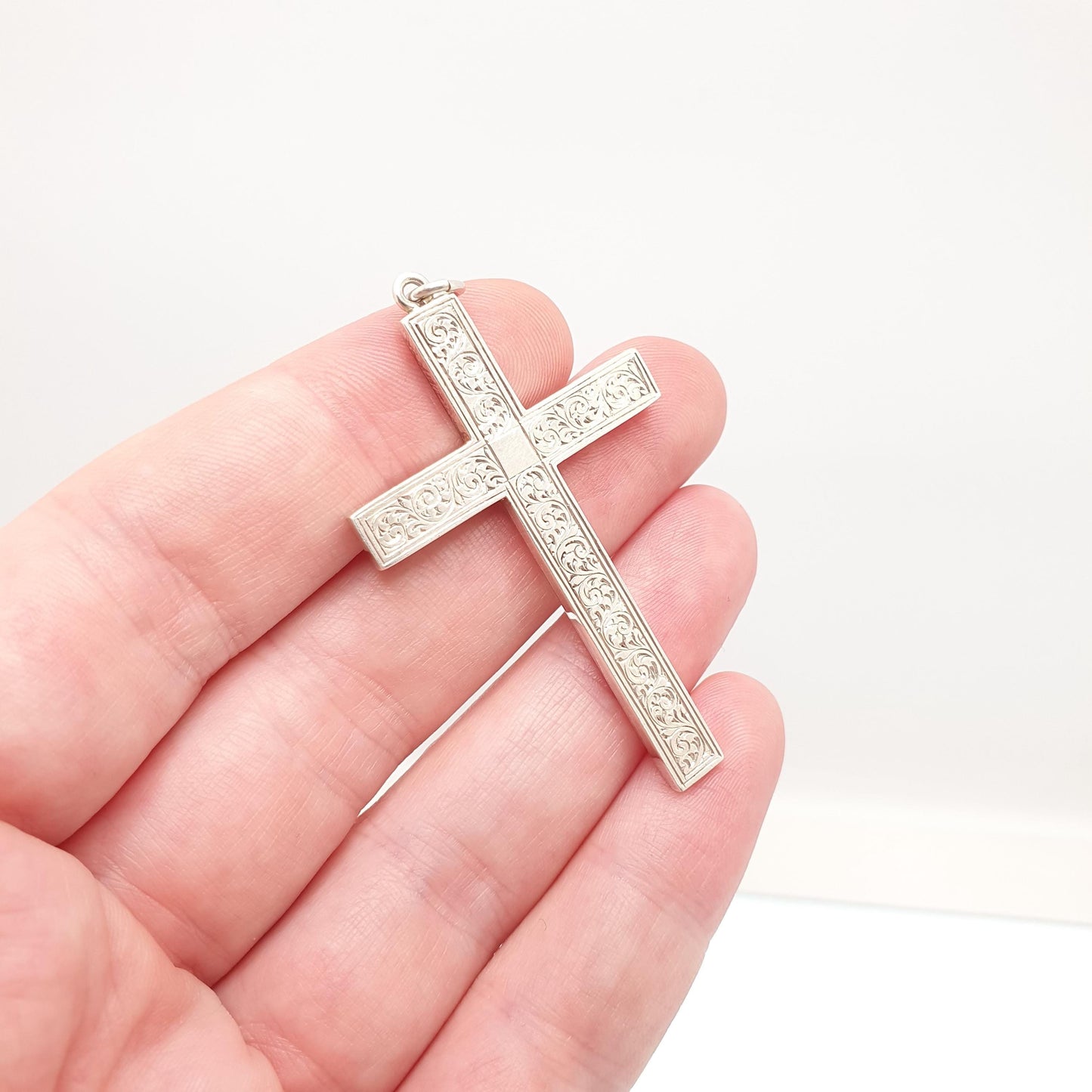Antique Victorian Solid Silver Crucifix Necklace Pendant Hand Engraved Large Big Catholic Christian Jewelry Vintage Womens