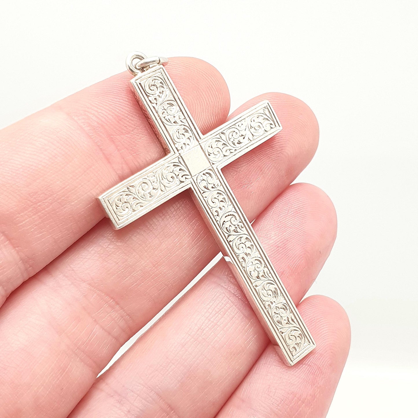 Antique Victorian Solid Silver Crucifix Necklace Pendant Hand Engraved Large Big Catholic Christian Jewelry Vintage Womens