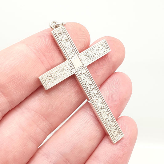 Antique Victorian Solid Silver Crucifix Necklace Pendant Hand Engraved Large Big Catholic Christian Jewelry Vintage Womens
