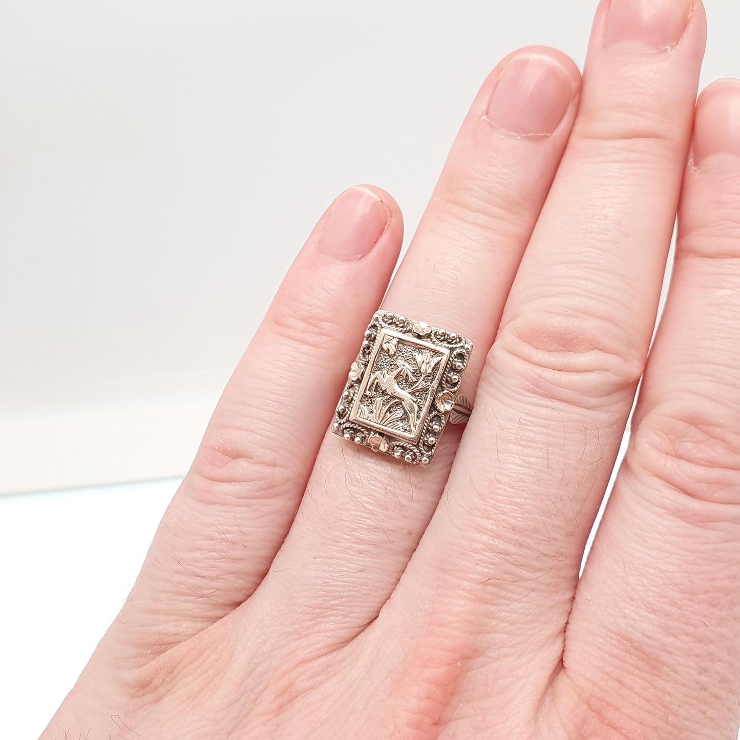 Antique Victorian Solid Silver Deer Signet Ring Rose Gold Highlight Animal Rectangular Vintage Statement Womens Jewelry