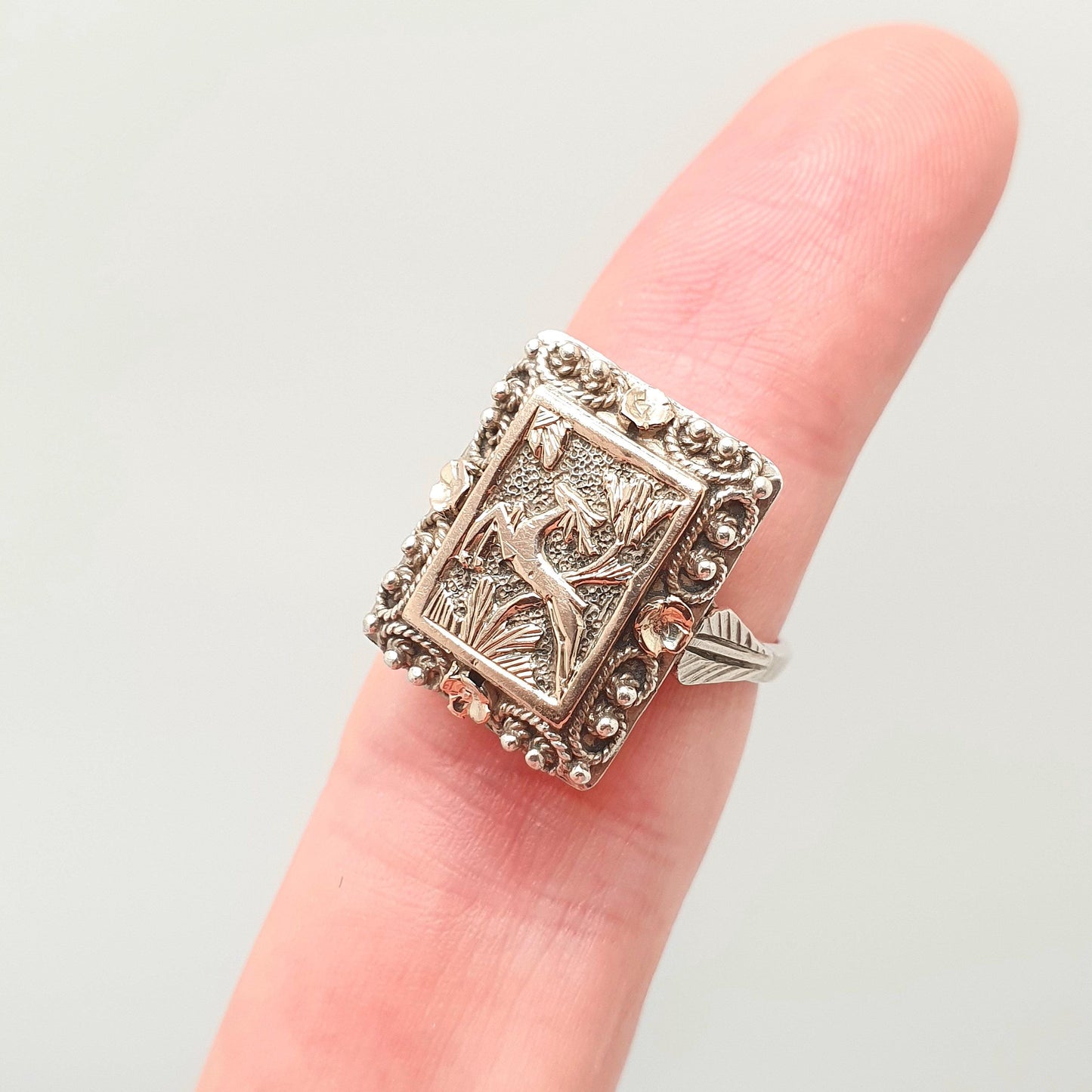 Antique Victorian Solid Silver Deer Signet Ring Rose Gold Highlight Animal Rectangular Vintage Statement Womens Jewelry