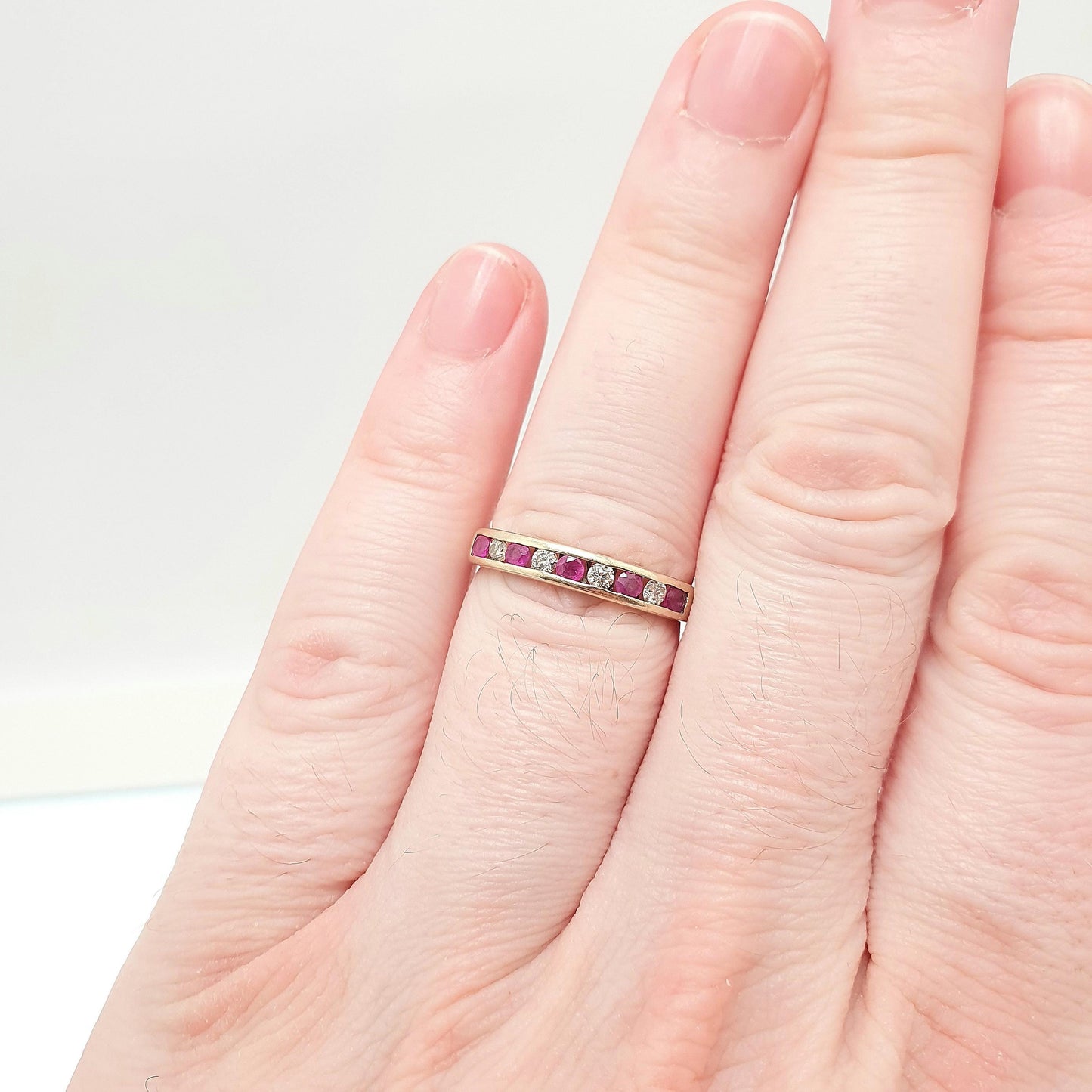 Vintage 9k 9ct Gold Ruby & Diamond Ring Hallmarked Solid 375 9kt Natural Diamonds Half Eternity Womens Jewelry Jewellery