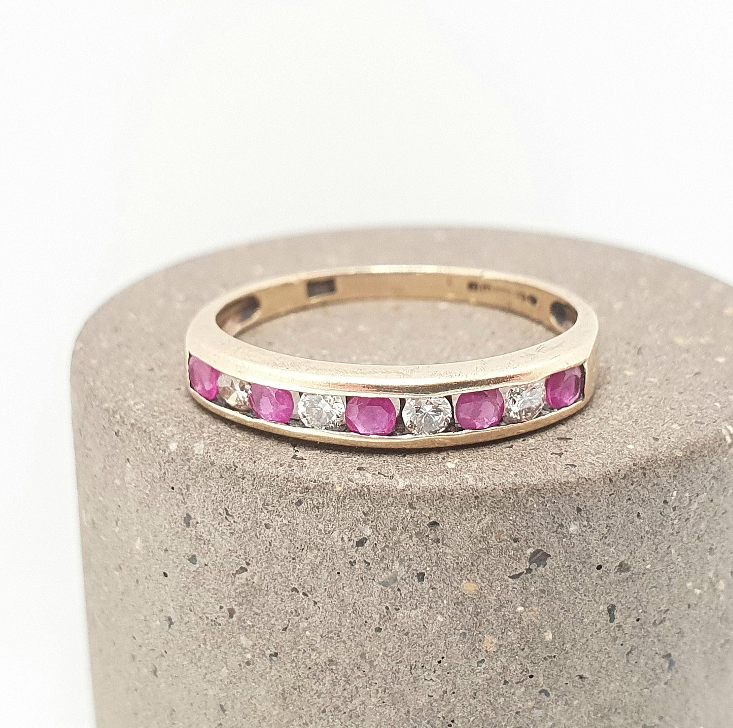 Vintage 9k 9ct Gold Ruby & Diamond Ring Hallmarked Solid 375 9kt Natural Diamonds Half Eternity Womens Jewelry Jewellery