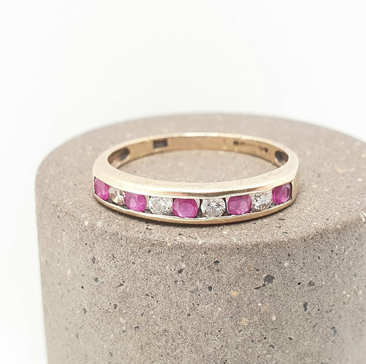 Vintage 9k 9ct Gold Ruby & Diamond Ring Hallmarked Solid 375 9kt Natural Diamonds Half Eternity Womens Jewelry Jewellery