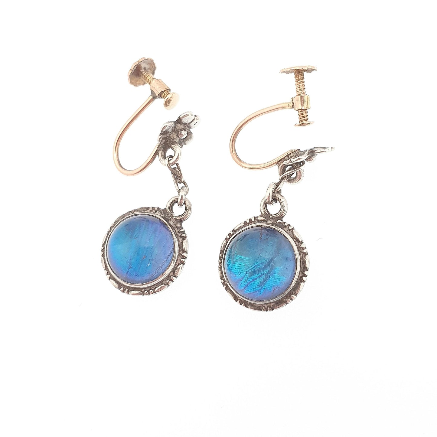 Antique 9ct Gold Butterfly Wing Earrings Sterling Silver Art Deco Genuine Insect Blue Rare Vintage Jewelry 1920s Jewellery