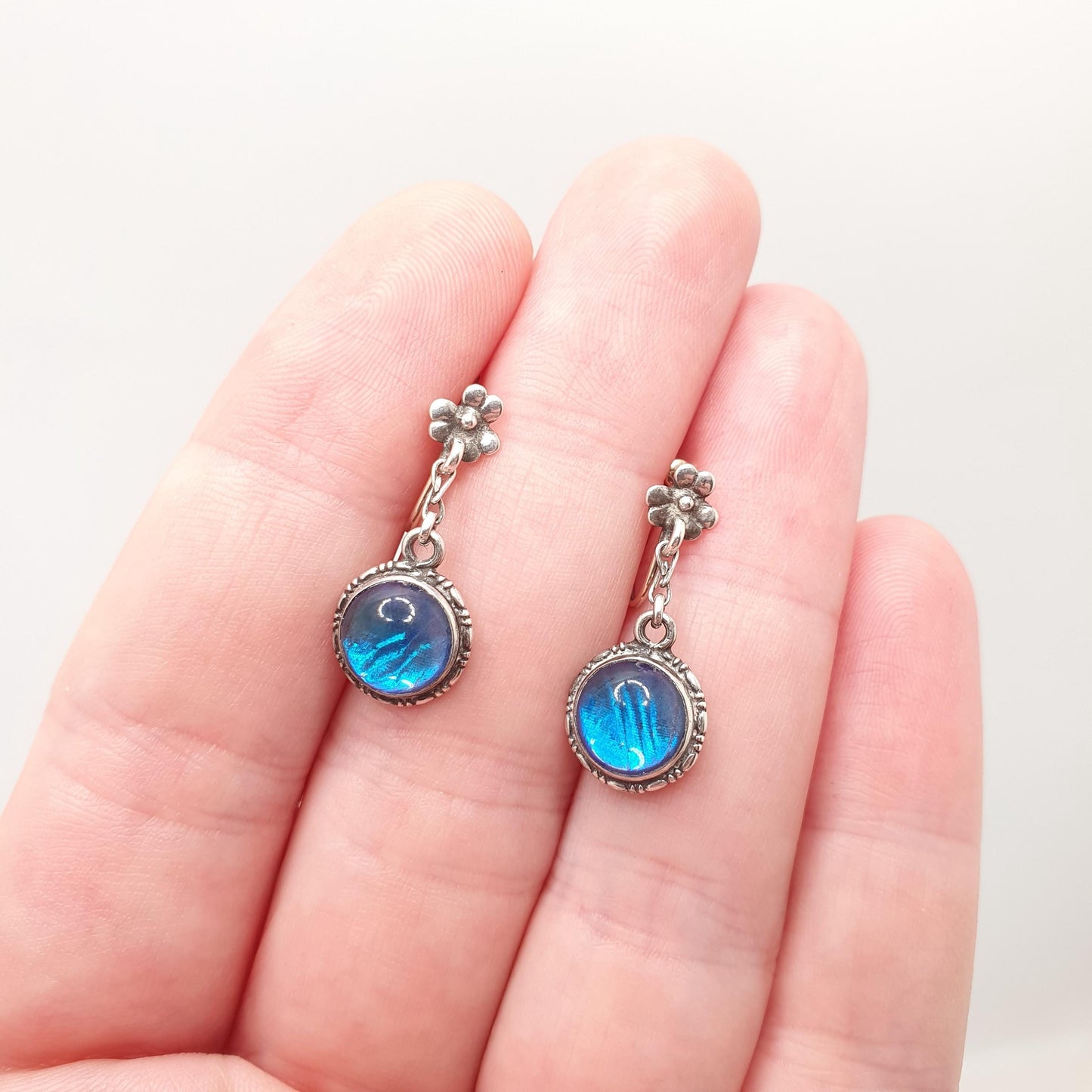 Antique 9ct Gold Butterfly Wing Earrings Sterling Silver Art Deco Genuine Insect Blue Rare Vintage Jewelry 1920s Jewellery