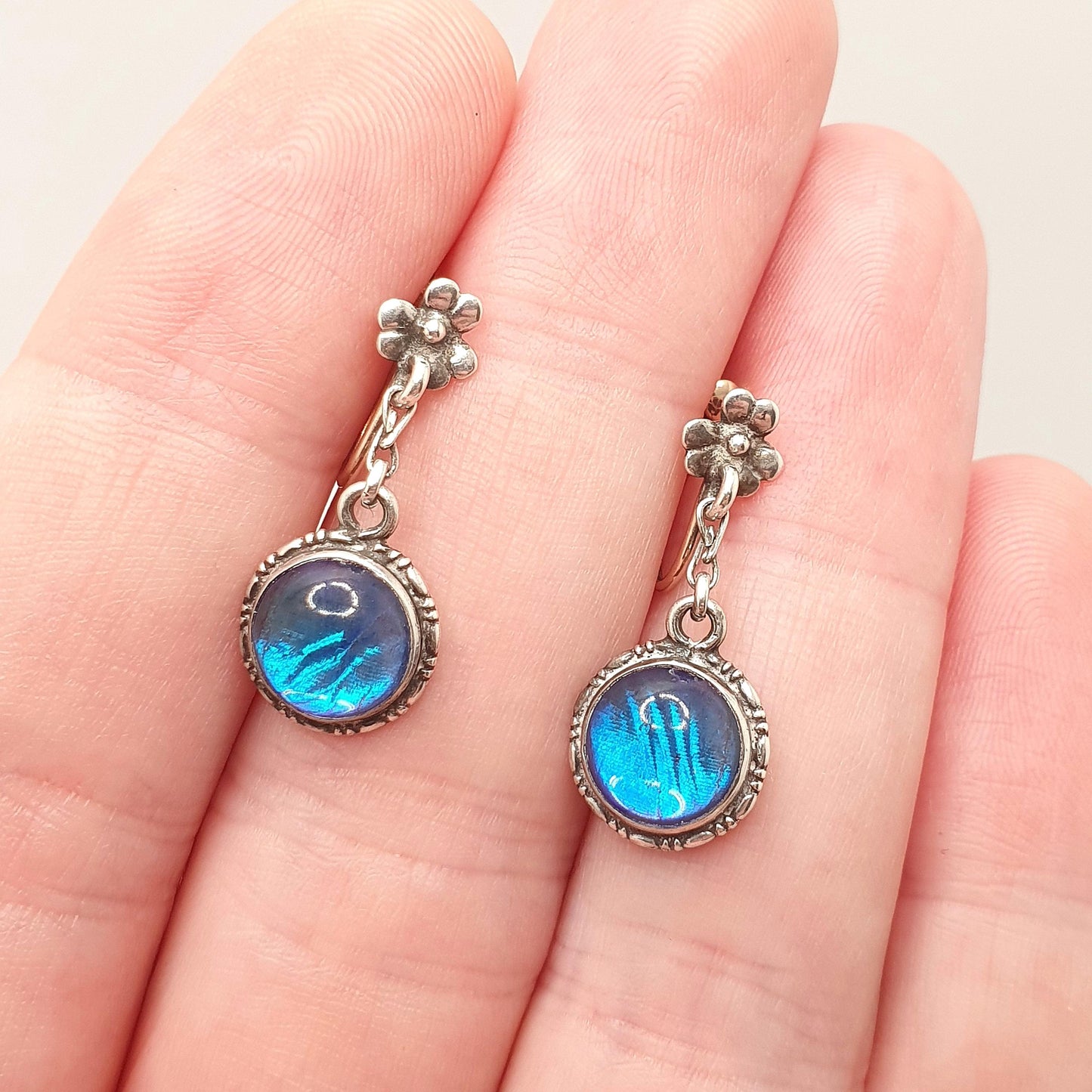 Antique 9ct Gold Butterfly Wing Earrings Sterling Silver Art Deco Genuine Insect Blue Rare Vintage Jewelry 1920s Jewellery