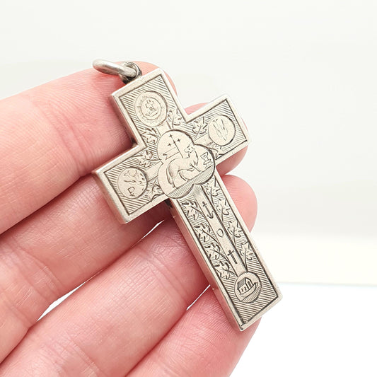 Antique Victorian Solid Silver Crucifix Necklace In Hoc Signo Vinces "In this sign thou shalt conquer" Christian Pendant Constantine