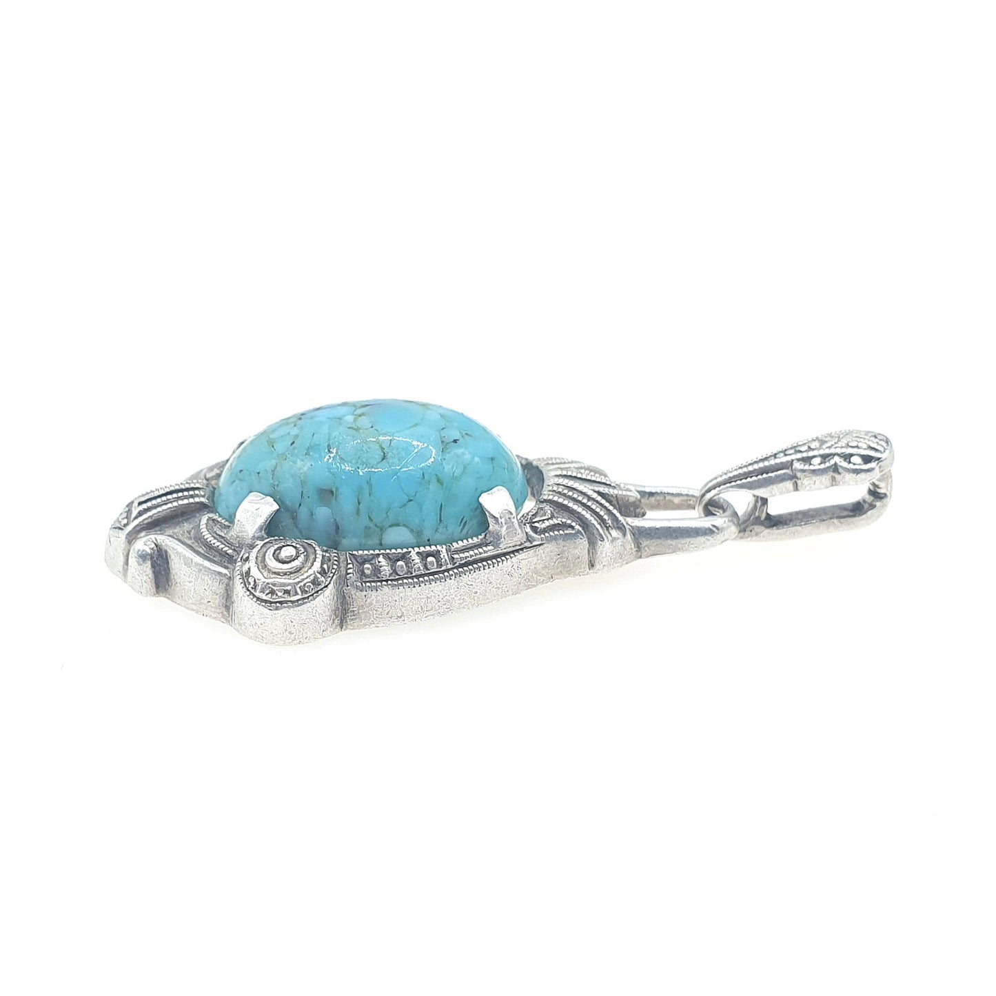 Antique Sterling Silver Faux Turquoise Pendant Necklace Handmade Glass Turquoise Art Deco Solid 935 Vintage Womens Jewellery Jewelry