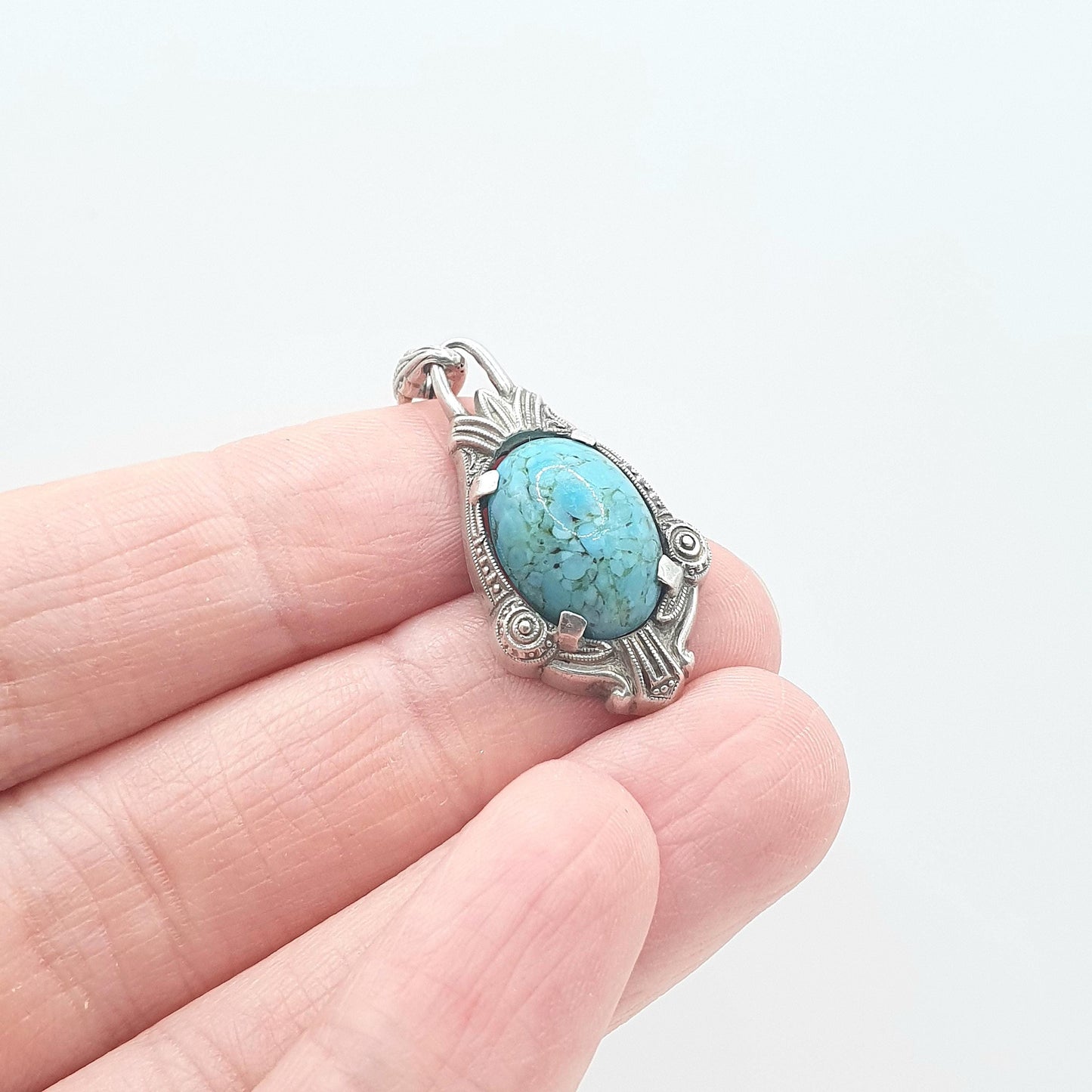 Antique Sterling Silver Faux Turquoise Pendant Necklace Handmade Glass Turquoise Art Deco Solid 935 Vintage Womens Jewellery Jewelry