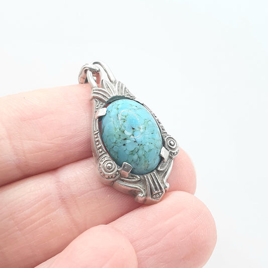 Antique Sterling Silver Faux Turquoise Pendant Necklace Handmade Glass Turquoise Art Deco Solid 935 Vintage Womens Jewellery Jewelry