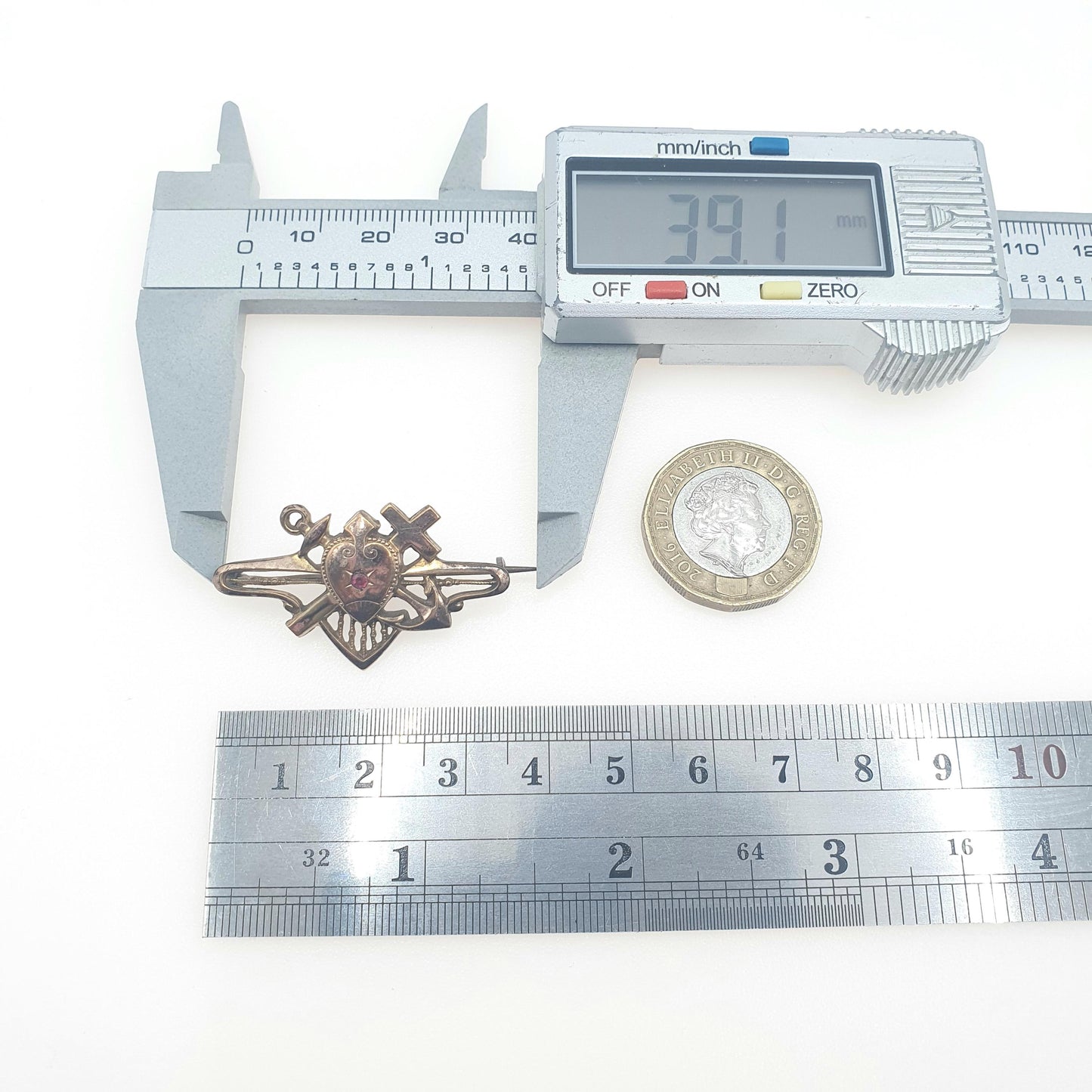 Antique Victorian Hope Faith and Charity Brooch Rolled Gold Front Ruby Paste Anchor Heart and Crucifix Vintage 1800s Jewelry Jewellery