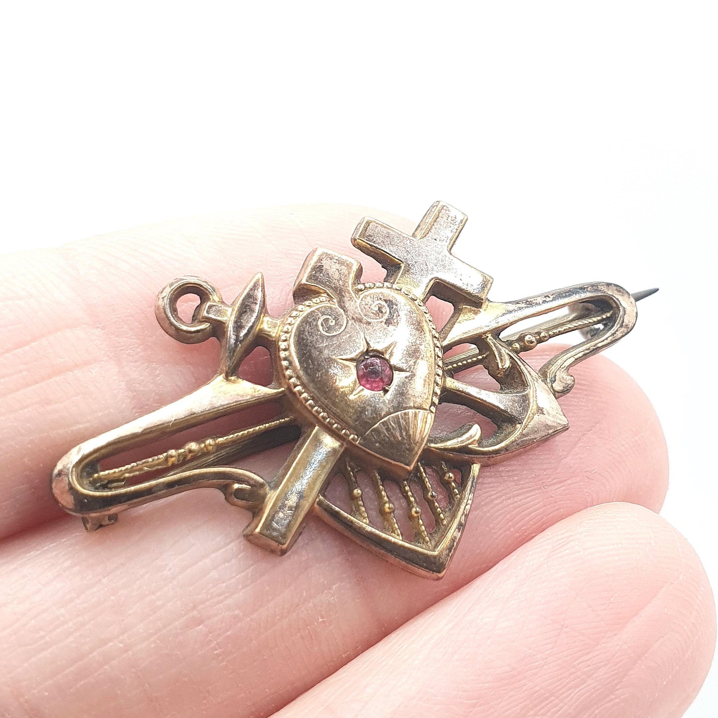 Antique Victorian Hope Faith and Charity Brooch Rolled Gold Front Ruby Paste Anchor Heart and Crucifix Vintage 1800s Jewelry Jewellery