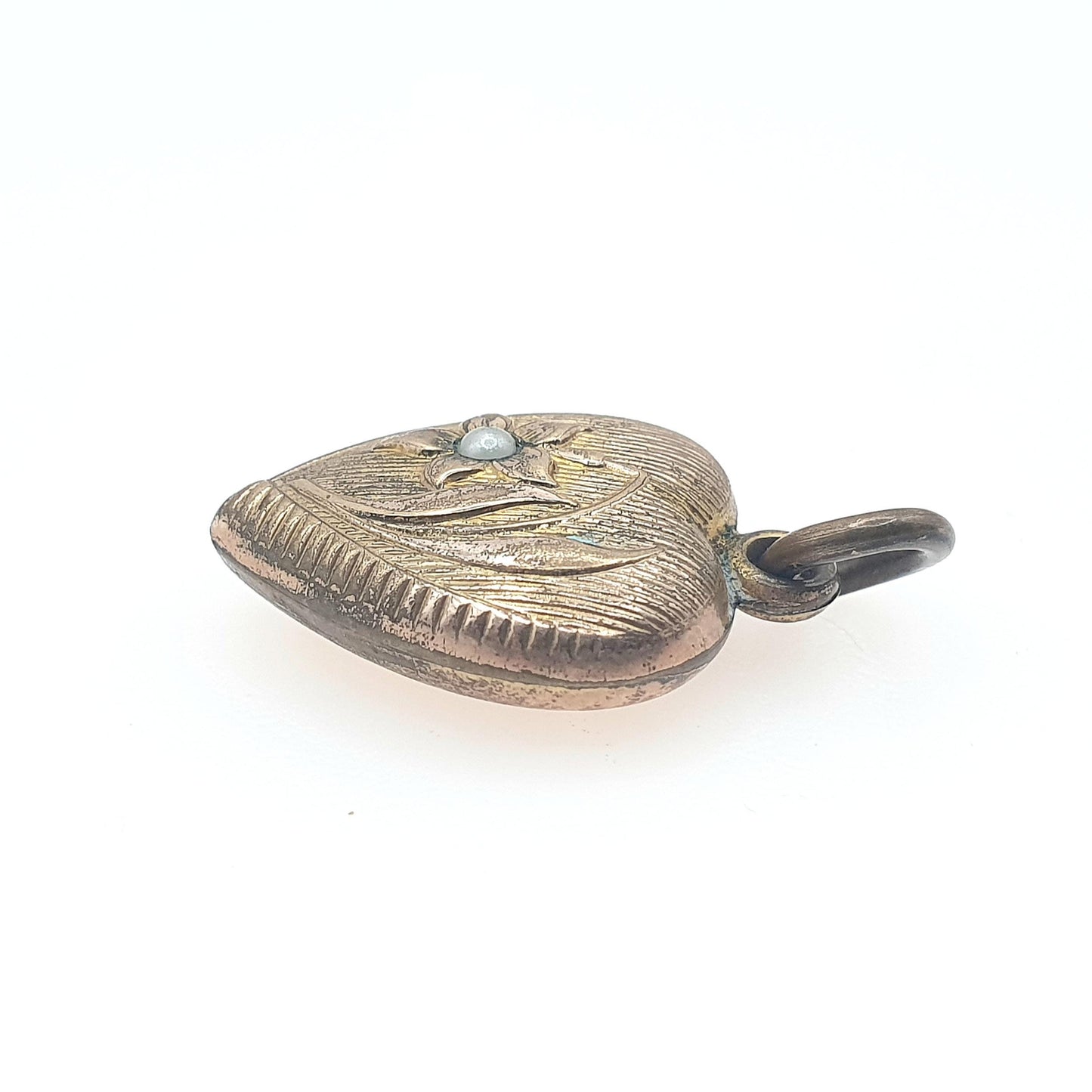 Antique Victorian Rolled Gold Heart Faux Seed Pearl Necklace Pendant Charm Puffer Gold Filled Womens Jewelry Vintage Jewellery
