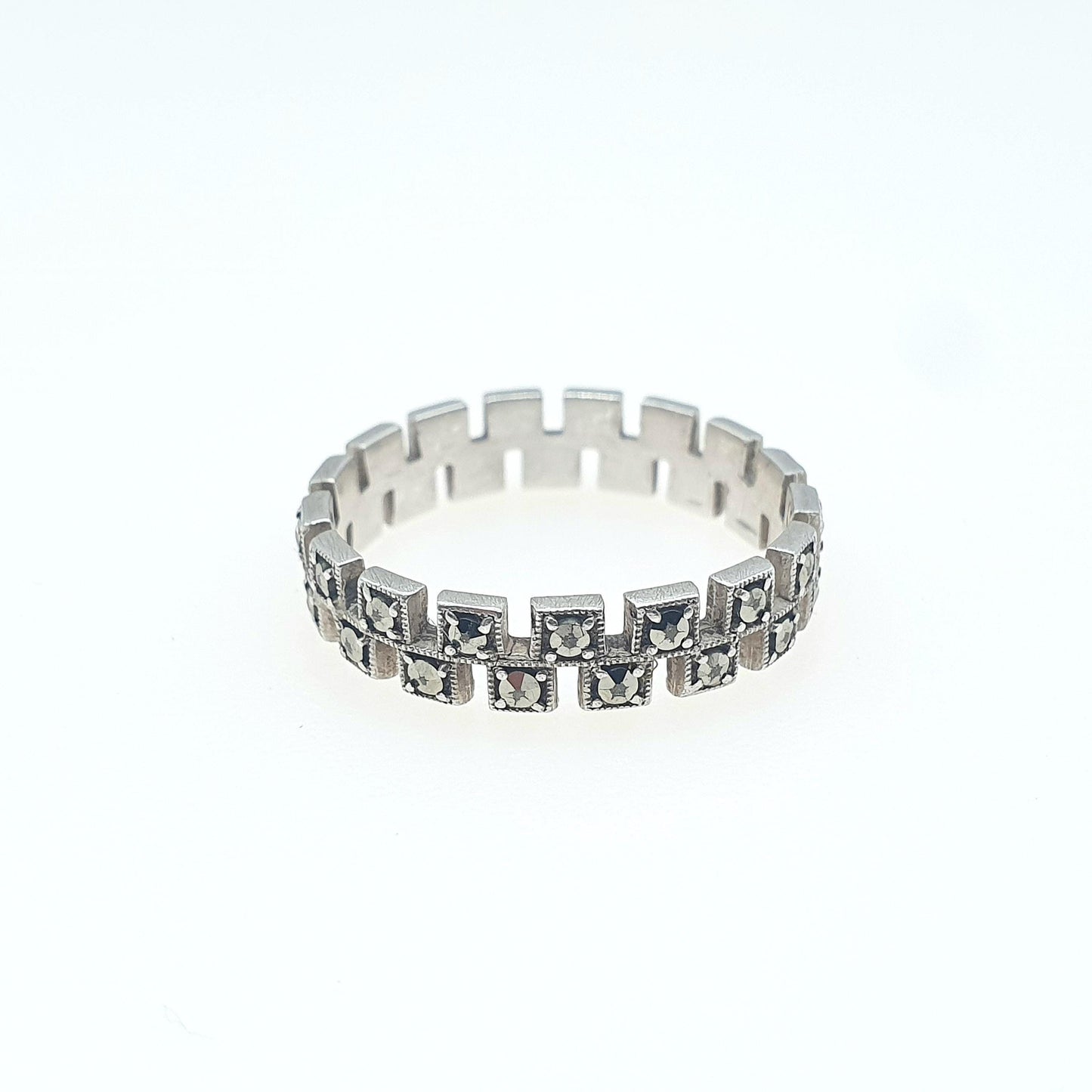 Antique Art Deco Solid Silver Marcasite Eternity Ring Stepped Flapper 1920s Unisex Womens Jewelry Jewellery