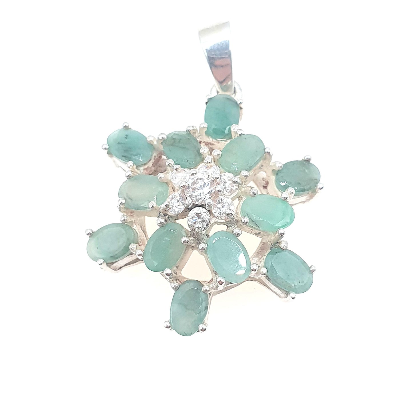 Vintage Real Emerald Sterling Silver Pendant Necklace Cluster Star Genuine Gemstone Solid 925 Womens Jewelry Jewellery