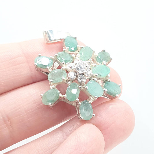 Vintage Real Emerald Sterling Silver Pendant Necklace Cluster Star Genuine Gemstone Solid 925 Womens Jewelry Jewellery
