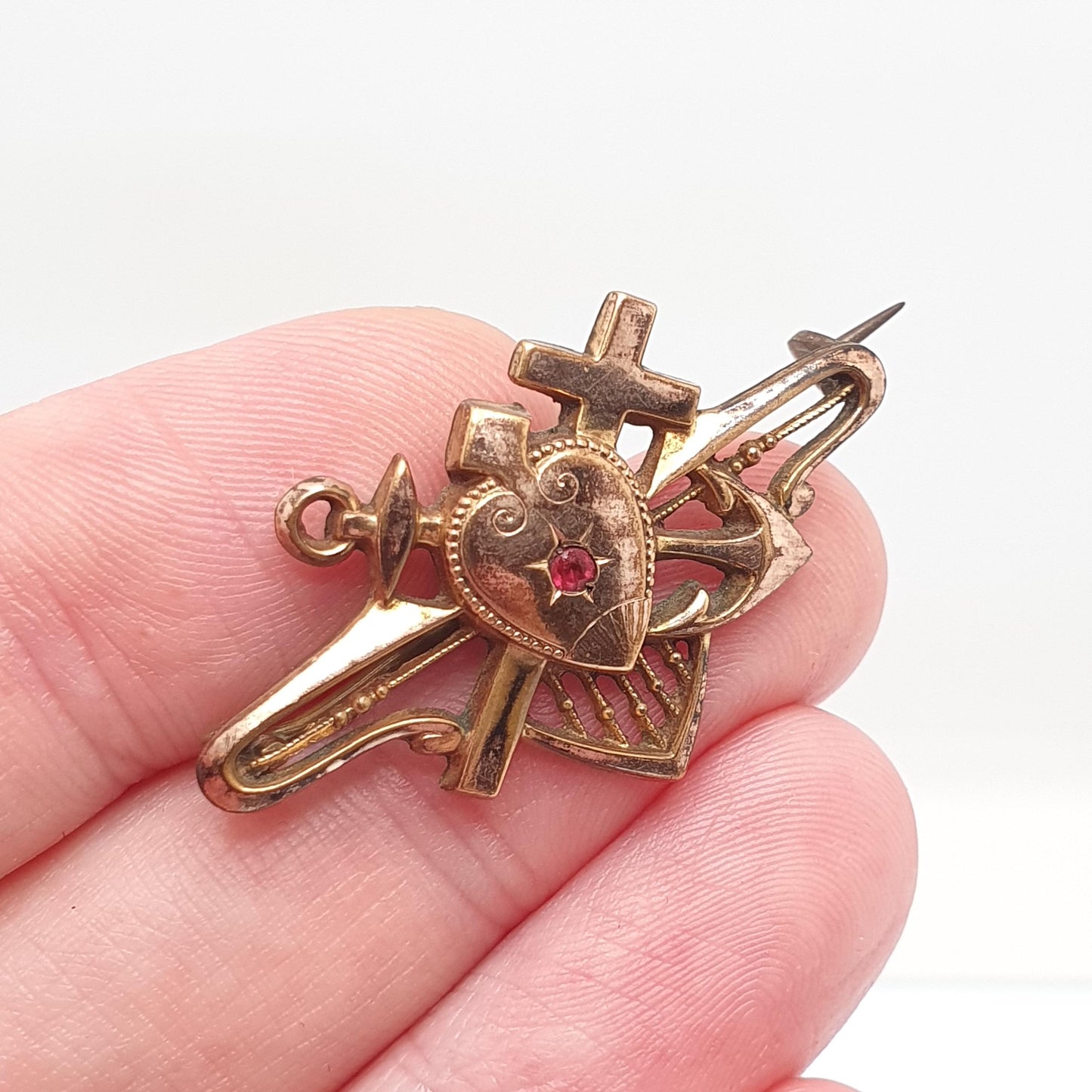 Antique Victorian Hope Faith and Charity Brooch Rolled Gold Front Ruby Paste Anchor Heart and Crucifix Vintage 1800s Jewelry Jewellery