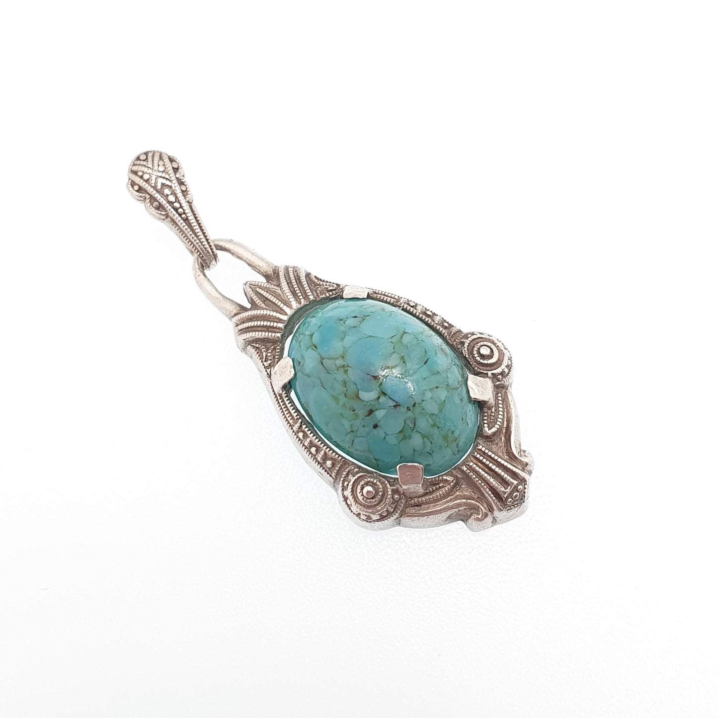 Antique Sterling Silver Faux Turquoise Pendant Necklace Handmade Glass Turquoise Art Deco Solid 935 Vintage Womens Jewellery Jewelry