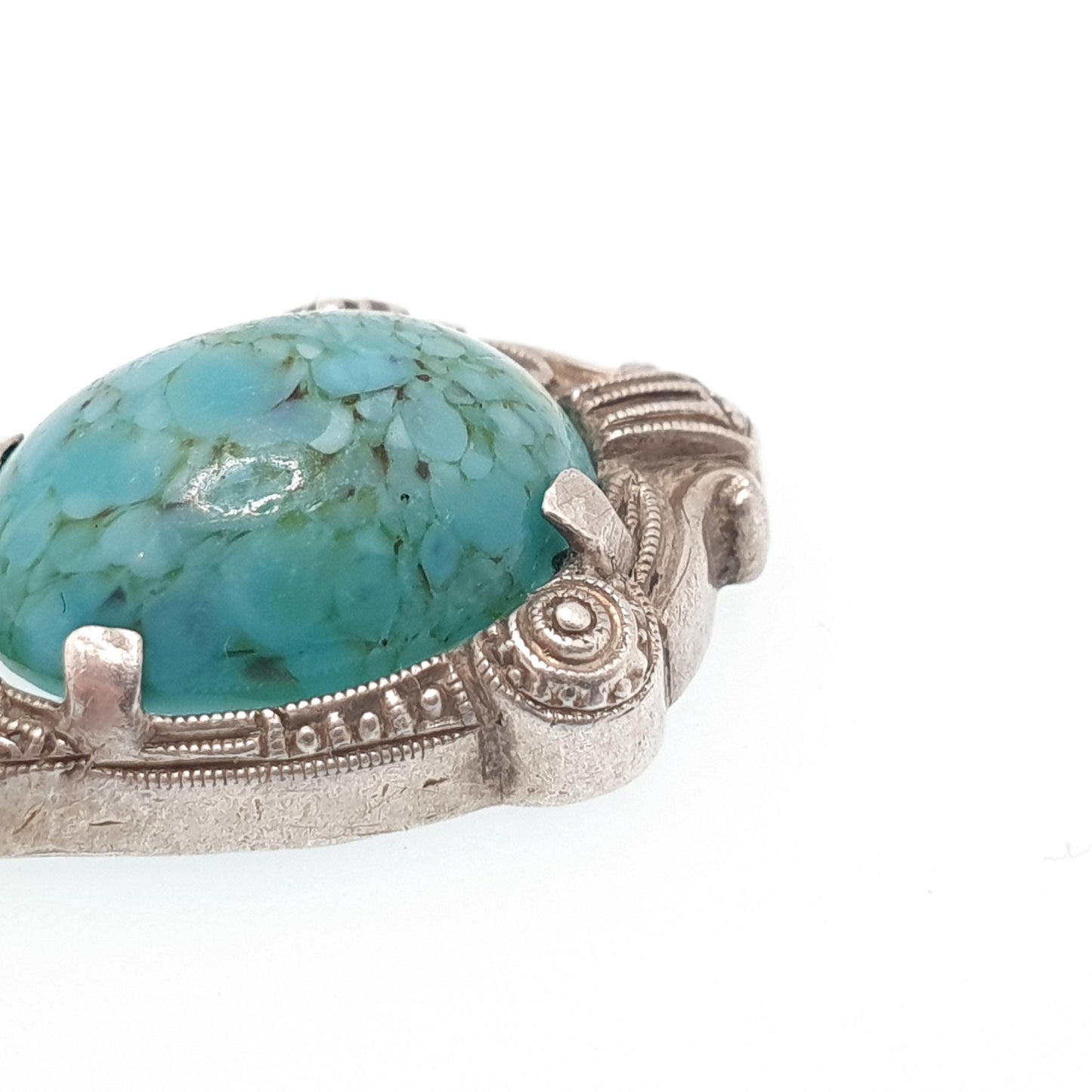 Antique Sterling Silver Faux Turquoise Pendant Necklace Handmade Glass Turquoise Art Deco Solid 935 Vintage Womens Jewellery Jewelry