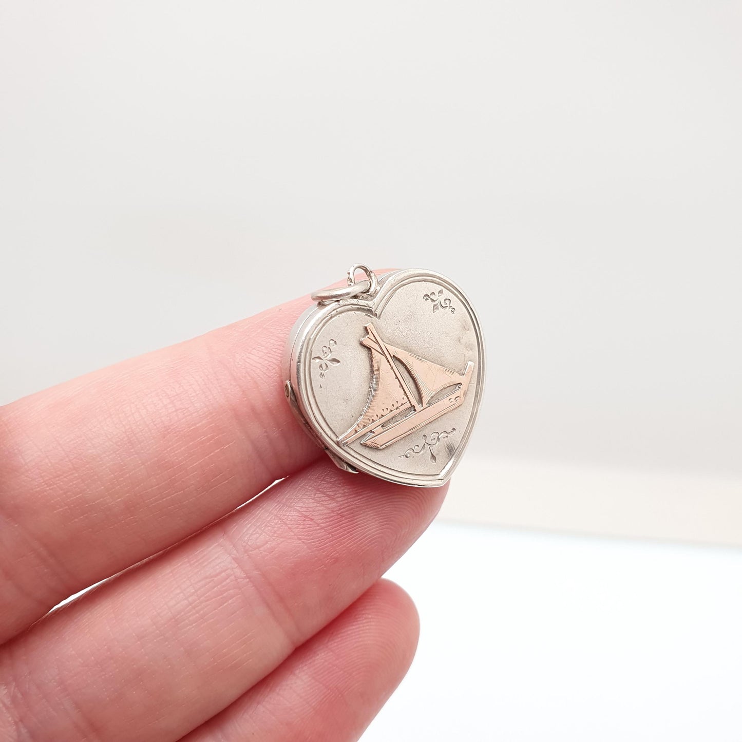 Antique Sterling Silver Boat & Heart Locket Pendant Necklace Victorian 1899 Hallmark Sailing Yacht Ship Womens Jewelry Jewellery