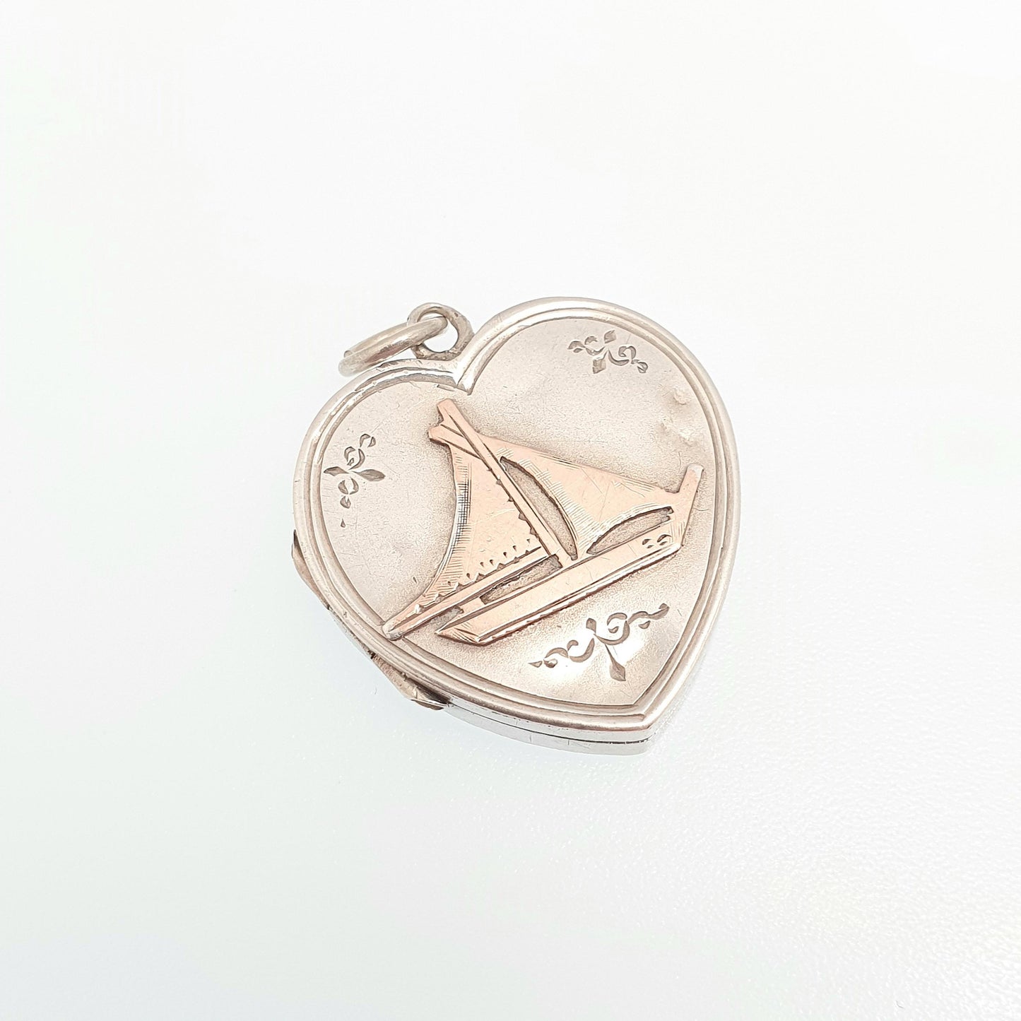 Antique Sterling Silver Boat & Heart Locket Pendant Necklace Victorian 1899 Hallmark Sailing Yacht Ship Womens Jewelry Jewellery