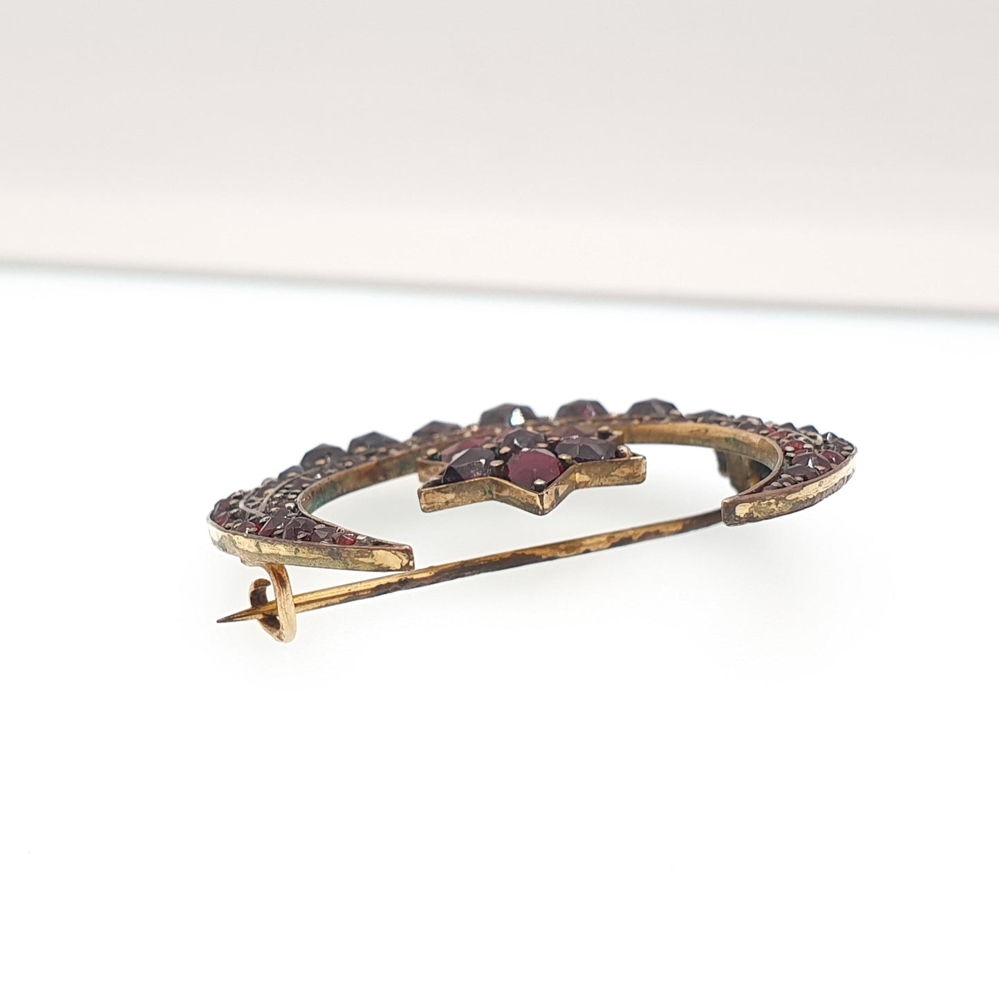 Antique Victorian Bohemian Garnet Star Brooch Crescent Moon Starburst Rolled Gold Renaissance Revival Pyrope Vintage Jewelry Jewellery