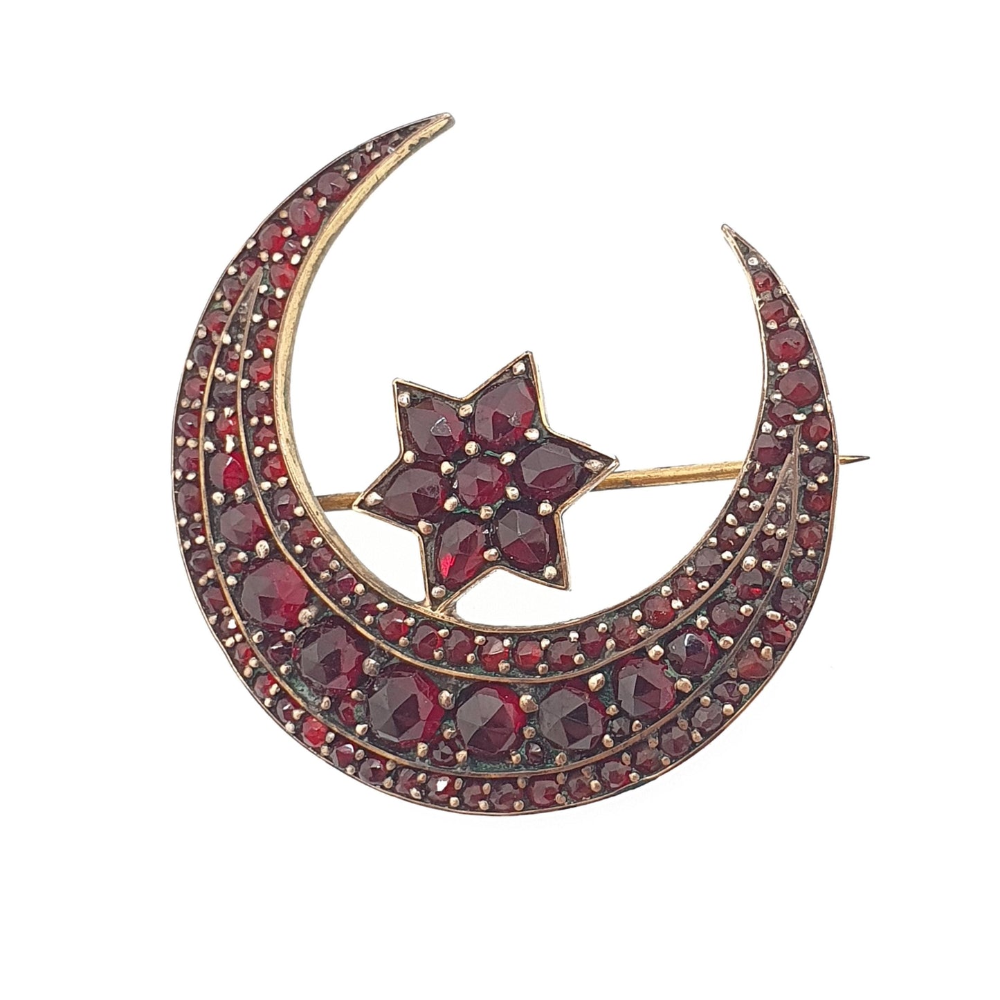 Antique Victorian Bohemian Garnet Star Brooch Crescent Moon Starburst Rolled Gold Renaissance Revival Pyrope Vintage Jewelry Jewellery